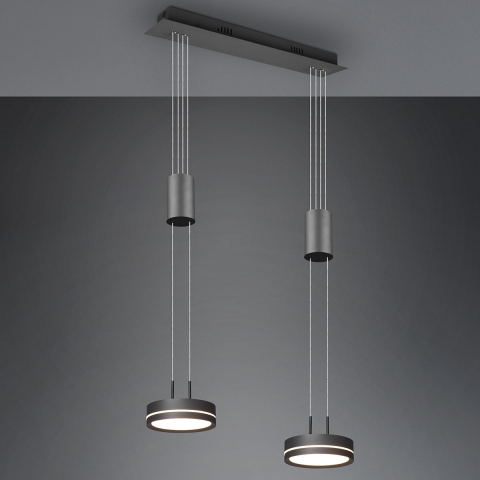 Eclairage de comptoir Suspension LED, 2 spots, Réglable en hauteur, Anthracite, Switch Dimmer, 55 cm x 14 cm, Eclairage de salle à manger, Lampe de cuisine, Suspension de café, Suspension de bureau