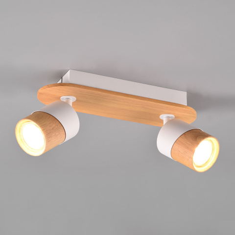 Wohnzimmerbeleuchtung Deckenleuchte, 2 Strahler, Holz, Braun, Weiss, Verstellbar, 28 cm x 9 cm, Flurbeleuchtung, Café Deckenstrahler, Hotel Deckenleuchte, Innenraumleuchte, Wartezimmer Deckenlicht, Wohnraumbeleuchtung