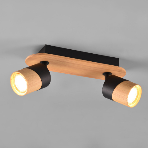 Hotelzimmerbeleuchtung Deckenstrahler, 2 Spots, Naturholz, Schwarz, Metall, Verstellbar, 28 cm x 9 cm, Restaurant Deckenleuchte, Wohnzimmer Deckenleuchte, Schlafzimmer Deckenstrahler, Innenraumleuchte, Wohnraumbeleuchtung