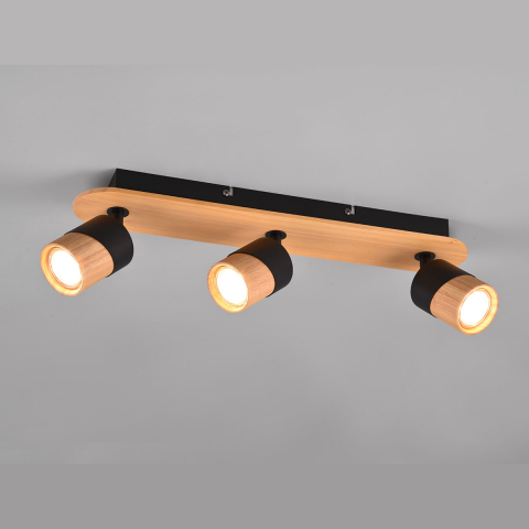 Flurbeleuchtung Deckenstrahler, 3 Spots, Holz, Braun, Schwarz, Verstellbar, 48 cm x 9 cm, Wohnzimmer Deckenleuchte, Schlafzimmer Strahler, Innenraumleuchte, Wohnraumbeleuchtung, Cafébeleuchtung, Restaurantbeleuchtung