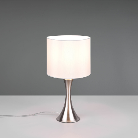 Éclairage de la chambre d'hôtel Lampe de table, Classique, Sablier, Cylindre, Tissu, Blanc, Nickel, Interrupteur, 37 cm de hauteur, Lampe de lit, Lampe de chevet, Lampe de table d'hôtel