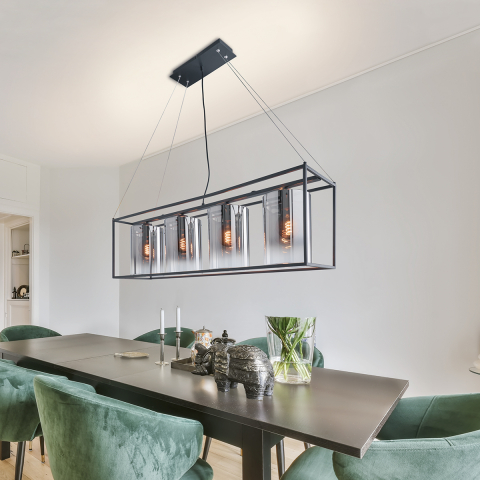 Pendelleuchte, 4 Spots, Rechteckig, Zylindrisch, Glasschirm, Rauchfarbig, 115 cm x 25 cm, Café Hängeleuchte, Hotel Pendelleuchte, Flurbeleuchtung, Esszimmer Tischbeleuchtung, Küchentisch Hängeleuchte, Deko Design