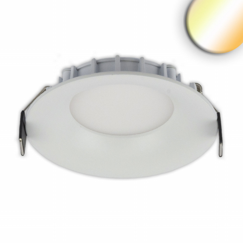 Spot LED encastré, changeur de couleur, ColorSwitch, dimmable, blanc, IP42, 10 cm Ø, éclairage complexe de bureau, encastré de bureau, éclairage de salle d'attente, plafonnier de cabinet médical, encastré de café, spot de plafond de restaurant, éclairage intérieur, éclairage extérieur