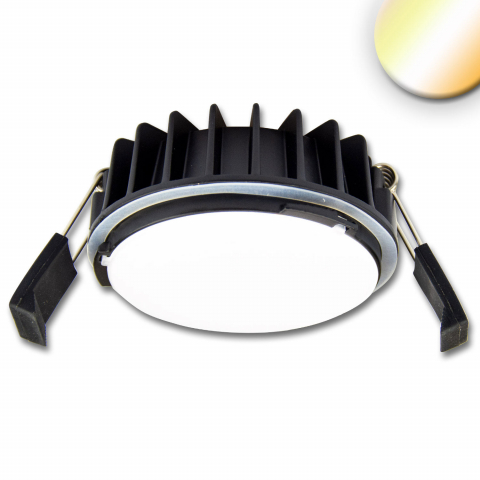 LED Einbaustrahler, Farbtemperaturwechsler, Schwarz, IP44, 11 cm Ø, Badezimmerbeleuchtung, Flureinbaustrahler, Praxiseinbauleuchten, Wartezimmer Deckeneinbauspots, Wohnzimmer Einbaustrahler, Hotelstrahler, Korridorbeleuchtung, Innenraumbeleuchtung, Balkon Deckenleuchte, Verandabeleuchtung, Türeingangslicht