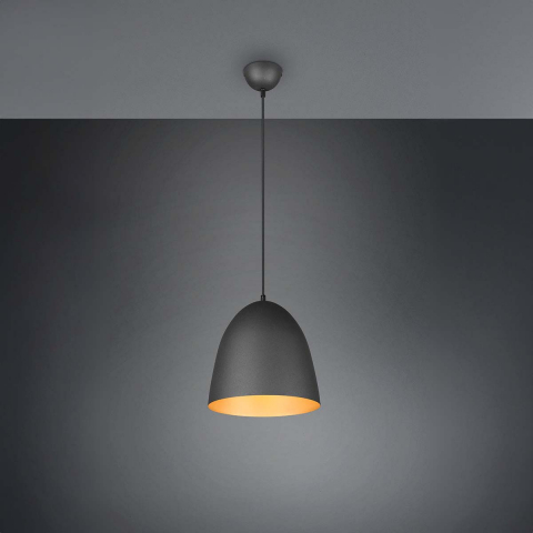 Schlafzimmerbeleuchtung Pendelleuchte, Schwarz, Gold, Glockenform, Höhe anpassbar, 25 cm Ø, Esszimmerleuchte, Küchen Hängeleuchte, Tresenbeleuchtung, Thekenleuchte, Innenraumleuchte, Wartezimmer Hängeleuchte, Wohnraumbeleuchtung