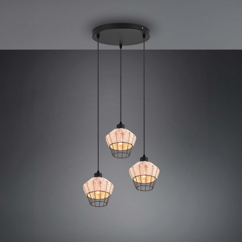 Pendelleuchte, Höhe anpassbar, Korb, Rund, Rattan, Naturbelassen, 41 cm Ø, Wohnzimmerbeleuchtung, Tresenbeleuchtung, Thekenleuchte, Café Pendelleuchte, Restaurant Hängeleuchte, Flurbeleuchtung, Küchen Pendelleuchte, Esszimmer Hängeleuchte, Wohnraumbeleuchtung, Innenraumleuchte, IP20