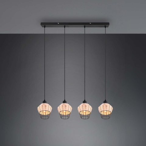 Esszimmerbeleuchtung Pendelleuchte, Korb, 4 Strahler, Rattan, Natur, Schwarz, 95 cm x 17 cm, Küchen Hängeleuchte, Tresenbeleuchtung, Thekenleuchte, Rezeptionsleuchte, Saalleuchte, Wartezimmer Pendelleuchte, Wohnraumleuchte, Innenraumleuchte, IP20