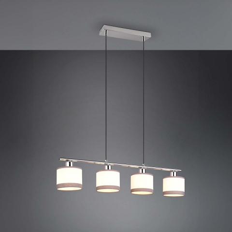 Restaurantbeleuchtung Pendelleuchte, 4 Strahler, Weiss, Chrom, Stoff, Höhe anpassbar, 75 cm x 12 cm, Wohnzimmer Hängeleuchte, Schlafzimmer Pendelleuchte, Tresenleuchte, Praxisleuchte, Thekenbeleuchtung, Gastroleuchte, Cafébeleuchtung über Tischen, Wohnraumbeleuchtung, Innenraumleuchte, IP20