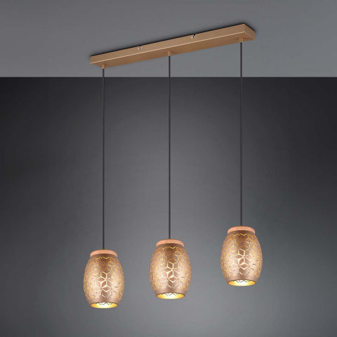 Esszimmerbeleuchtung Pendelleuchte, Coffee, 3 Strahler, Oval, Muster, Holz, 71 cm x 15 cm, Tresenbeleuchtung, Thekenleuchte, Hotel Pendelleuchte, Küchen Hängeleuchte, Innenraumleuchte, Wohnraumbeleuchtung, IP20
