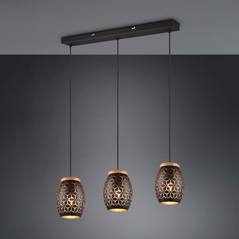 Wohnzimmerbeleuchtung Pendelleuchte, Muster, Holz, Schwarz, Gold, Höhe anpassbar, 3 Strahler, 71 cm x 15 cm, Esszimmer Pendelleuchte, Küchen Hängeleuchte, Innenraumleuchte, Wohnraumbeleuchtung, Tresenleuchte, Thekenleuchte, Rezeptionsleuchte, Flur Pendelleuchte, Dielenleuchte, IP20