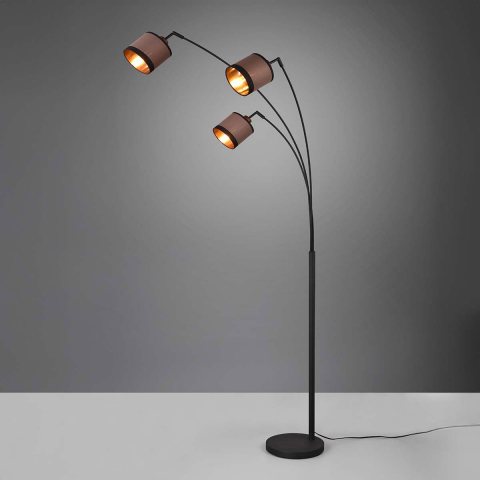 Wohnzimmerbeleuchtung Stehleuchte, 3 Strahler, Stoffschirm, Taupe, Schwarz, Gold, Fussschalter, 185 cm Höhe, Leseleuchte, Hotel Stehleuchte, Cafébeleuchtung, Bogenleuchte, Wartezimmer Stehlampe, Wohnraumleuchte, Innenraumleuchte, IP20