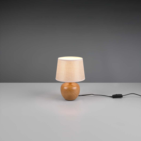 Schlafzimmerbeleuchtung Tischleuchte, Keramik, Holzoptik, Stoffschirm, Beige, Schnurschalter, 26 cm Höhe, Hotel Tischleuchte, Sideboardleuchte, Kommodenleuchte, Bettleuchte, Nachttischleuchte, Innenraumleuchte, Wohnraumbeleuchtung, IP20