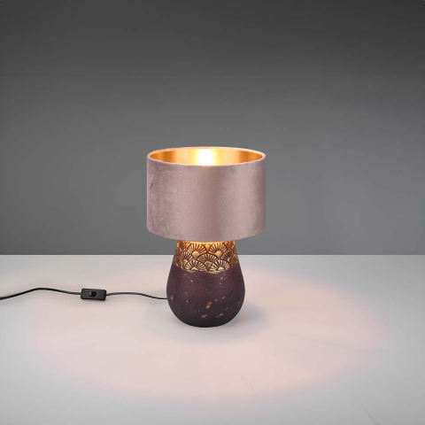 Hotelzimmerbeleuchtung Tischleuchte, Rosa, Samtstoff, Keramik, Gold, Braun, Schnurschalter, 38 cm Höhe, Bettleuchte, Nachttischleuchte, Sideboardbeleuchtung, Kommodenleuchte, Regal Tischlampe, Deko Tischleuchte, Innenraumbeleuchtung, Wohnraumbeleuchtung, IP20