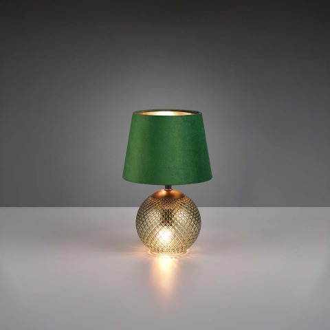 Lampe de table, verre, motif, velours, vert, interrupteur à cordon, hauteur 29 cm, éclairage de la chambre à coucher, lampe de lit, lampe de chevet, lampe de buffet, lampe de commode, lampe d'étagère, éclairage du salon, éclairage intérieur, IP20