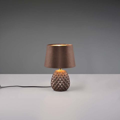 Tischleuchte, Keramik, Muster, Samt, Braun, Schnurschalter, 27 cm Höhe, Hotelzimmerbeleuchtung, Bettleuchte, Nachttischleuchte, Innenraumbeleuchtung, Wohnraumbeleuchtung, IP20, Sideboardbeleuchtung, Kommodenleuchte, Regalleuchte