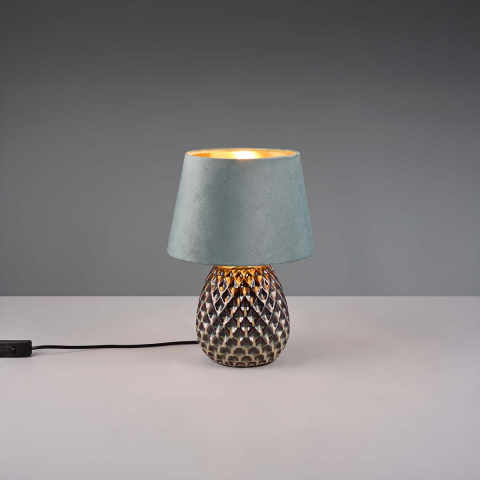 Tischleuchte, Keramik, Samt, Struktur, Schnurschalter, Grün, 35 cm Höhe, Hotelzimmerbeleuchtung, Bettleuchte, Nachttischleuchte, Sideboardbeleuchtung, Regalleuchte, Kommodenbeleuchtung, Innenraumbeleuchtung, Wohnraumbeleuchtung, IP20