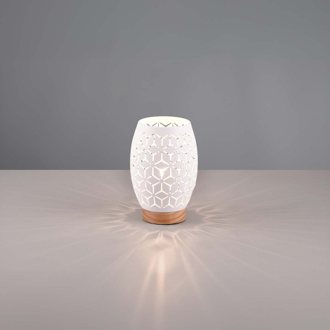Tischleuchte, Muster, Weiss, Holzakzent, Schnurschalter, 21 cm Höhe, Hotelzimmerbeleuchtung, Wohnzimmer Tischleuchte, Schlafzimmer Tischlampe, Deko Tischbeleuchtung, Innenraumbeleuchtung, Wohnraumbeleuchtung, IP20