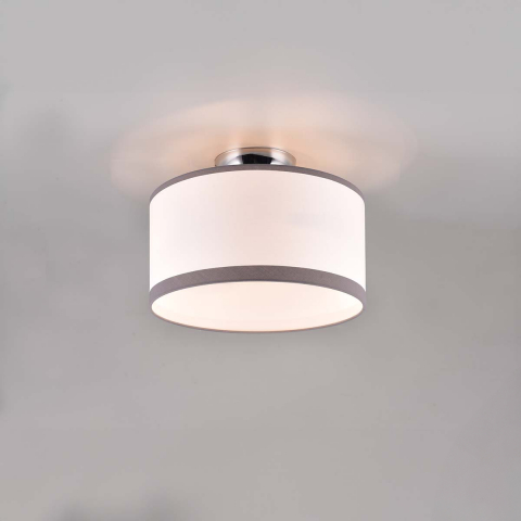 Hotelzimmerbeleuchtung Deckenleuchte, Stoff, Metall, Weiss, Grau, Chrom, Zylinder, 30 cm Ø, Hotelleuchte, Flurbeleuchtung, Schlafzimmer Deckenleuchte, Wohnraumbeleuchtung, Innenraumleuchte, Cafébeleuchtung, IP20