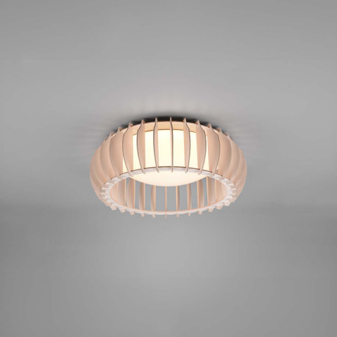 Runde LED Deckenleuchte, Holzelemente, Switch Dimmer, Naturfarben, Weiss, 40 cm Ø, Restaurantbeleuchtung, Wartezimmerleuchte, Praxisleuchte, Restaurant Deckenlicht, Hotel Deckenbeleuchtung, Innenraumbeleuchtung, Wohnraumbeleuchtung, IP20