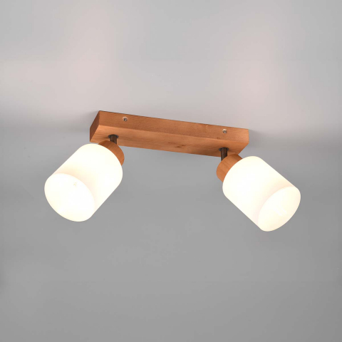 Deckenleuchte, 2er Strahler, Wandleuchte, Holz, Glas, 30 cm x 10 cm, Wohnzimmerbeleuchtung, Hotel Strahlers, Restaurantbeleuchtung, Wartezimmerleuchte, Praxisleuchte, Innenraumleuchte, Wohnraumbeleuchtung, IP20