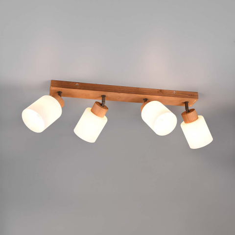 Deckenleuchte, 4 Spots, Holz, Braun, Weiss, Glas, Rechteckig, 60 cm x 10 cm, Esszimmerbeleuchtung, Küchen Deckenleuchte, Wohnzimmer Deckenleuchte, Wartezimmer Deckenstrahler, Praxis Deckenbeleuchtung, Flur Deckenspots, Innenraumbeleuchtung, Restaurant Deckenstrahler, Wohnraumbeleuchtung, IP20