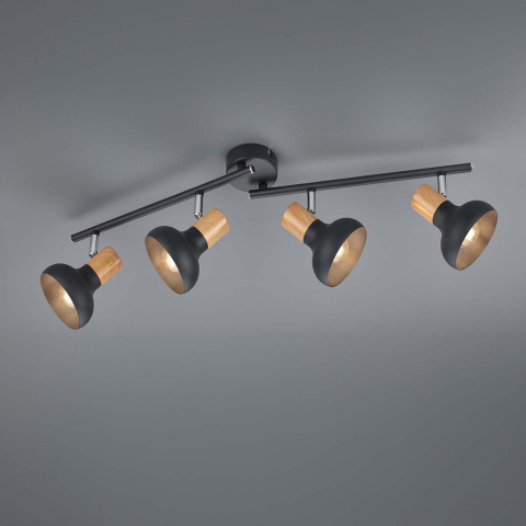 Wohnzimmerbeleuchtung Deckenleuchte, Schwarz, Metall, Holzoptik, Schwenkbar, 4 Spots, 71 cm x 13 cm, Küchenbeleuchtung, Schlafzimmerbeleuchtung, Kinderzimmerbeleuchtung, Flurbeleuchtung, Hotelzimmerbeleuchtung