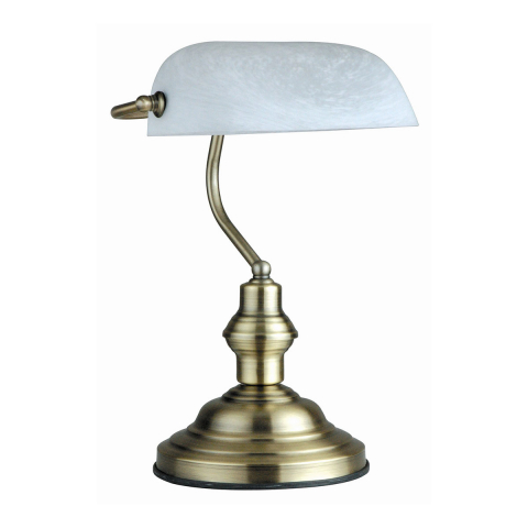 Lampe de table, antique, laiton vieilli, abat-jour en verre, blanc, hauteur 36 cm, style banquier, lampe de bureau, lampe décorative, lampe de bureau, lampe de bureau, lampe de bibliothèque, lampe d'intérieur, éclairage domestique, IP20