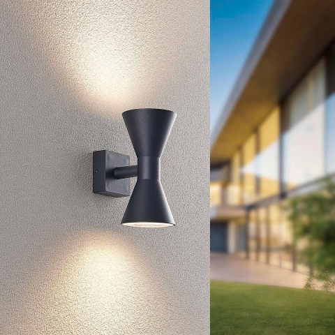 Terrassenbeleuchtung Aussen Wandleuchte, Up-Down-Beleuchtung, Aluminium, Schwarz, Sanduhr, IP44, 20 cm Höhe, Balkon Wandleuchte, Fassadenbeleuchtung, Balkon Wandlampe, Outdoorleuchte, Türeingangsleuchte