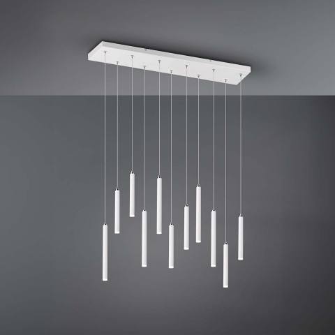 LED Pendelleuchte, Weiss, 11 Strahler, Höhe anpassbar, 115 cm x 15 cm, Esszimmerbeleuchtung, Café Hängeleuchte, Flurbeleuchtung, Hotel Pendelleuchte, Restaurant Hängeleuchte, Salonbeleuchtung, Innenraumbeleuchtung, Wohnraumbeleuchtung, IP20