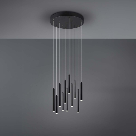 LED Pendelleuchte, Schwarz, Höhe anpassbar, 11 Strahler, Switch Dimmer, 40 cm Ø, Hotel Pendelleuchte, Restaurant Hängeleuchte Praxisbeleuchtung, Wartezimmerleuchte, Hotel Pendellampe, Esszimmer Hängeleuchte, Innenraumbeleuchtung, Wohnraumbeleuchtung, Wohnzimmerbeleuchtung, IP20