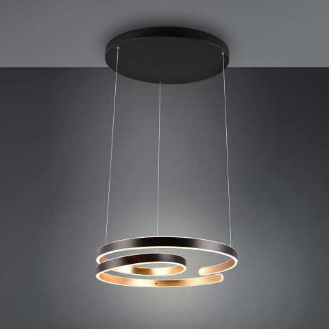 Suspension LED, noir, or, spirale, hauteur réglable, switch dimmer, 65 cm Ø, éclairage de salle de fête, suspension de café, éclairage de salle d'attente, éclairage de cabinet médical, suspension de salle à manger, éclairage de cuisine, éclairage d'intérieur, éclairage domestique, IP20