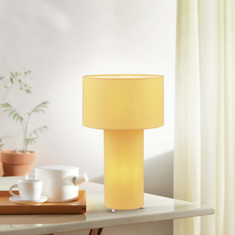 Tischleuchte, Stoffschirm, Zylinder, Gelb, Schnurschalter, 40 cm Höhe, Wohnzimmerbeleuchtung, Hotel Tischleuchte, Nachttischleuchte, Bettleuchte, Sideboardbeleuchtung, Kommodenbeleuchtung, Schlafzimmer Tischleuchte, Innenraumbeleuchtung, Wohnraumbeleuchtung, IP20