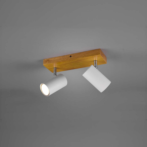 Deckenleuchte, 2 Strahler, Weiß, Braun, Holz, Verstellbar, IP23, 26 cm x 9 cm, Vordachbeleuchtung, Wartezimmer Deckenleuchte, Praxis Deckenbeleuchtung, Caféstrahler, Restaurant Deckenlicht, Innenraumbeleuchtung, Wohnraumbeleuchtung, IP20