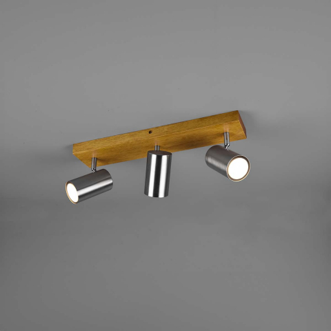 Deckenstrahler, 3 Spots, Holz, Braun, Zylinder, Nickel, 44 cm x 9 cm, Wohnzimmerbeleuchtung, Flurbeleuchtung, Wartezimmerleuchte, Praxisleuchte, Schlafzimmer Deckenstrahler, Dielenleuchte, Hotel Deckenleuchte, Innenraumbeleuchtung, Wohnraumbeleuchtung, IP20
