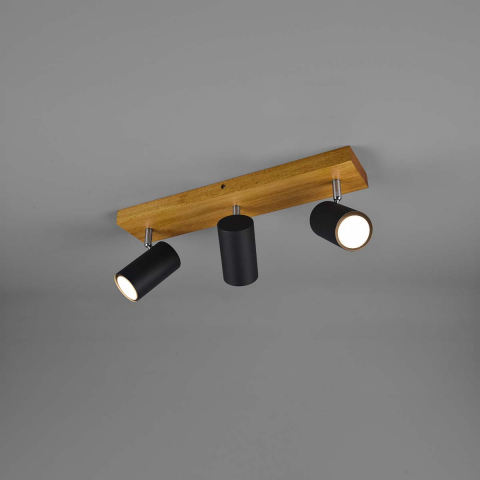 Wohnzimmerbeleuchtung Deckenleuchte, 3 Strahler, Holz, Zylinder, Schwarz, Braun, Verstellbar, 44 cm x 9 cm, Hotelleuchte, Restaurant Deckenleuchte, Praxis Deckenstrahler, Wartezimmer Beleuchtung, Flurleuchte, Esszimmerleuchte, Küchenbeleuchtung, Innenbeleuchtung, Wohnraumbeleuchtung, IP20