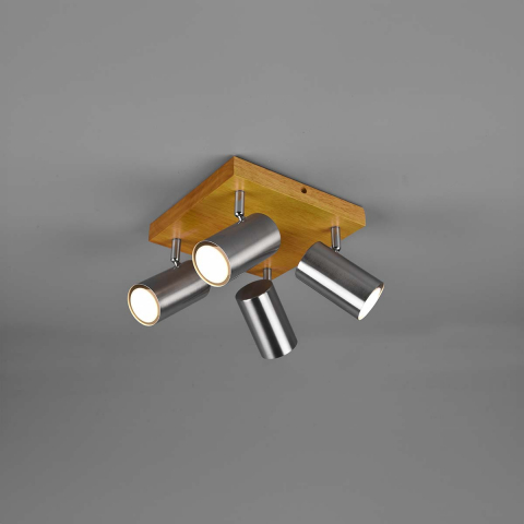 Schlafzimmerbeleuchtung Deckenleuchte, 4 Strahler, Zylinder, Holz, Braun, Nickel, 22 cm x 22 cm, Flurbeleuchtung, Praxisleuchte, Wartezimmer Deckenstrahler, Esszimmer Deckenleuchte, Küchenbeleuchtung, Hotel Deckenstrahler, Innenraumbeleuchtung, Wohnraumbeleuchtung, IP20