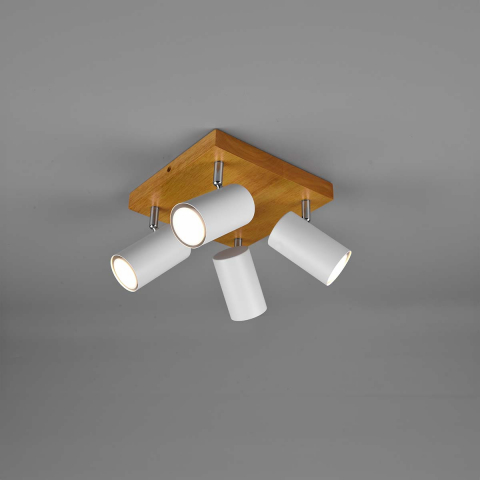 Flurbeleuchtung Deckenleuchte, 4 Strahler, Holz, Weiss, Verstellbar, 22 cm x 22 cm, Praxis Deckenstrahler, Wartezimmerleuchte, Hotel Deckenleuchte, Restaurant Deckenleuchte, Küchenleuchte, Esszimmerlampe, Wohnraumbeleuchtung, Schlafzimmer Deckenstrahler, Innenraumbeleuchtung, IP20