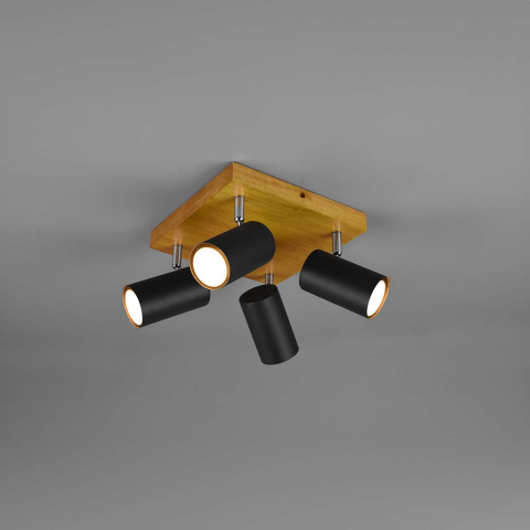Küchenbeleuchtung Deckenleuchte, 4 Strahler, Verstellbar, Holz, Quadrat, Zylinder, 22 cm x 22 cm, Schlafzimmerleuchte, Wohnraumbeleuchtung, Flurlampe, Dielenleuchte, Hotel Deckenstrahler, Restaurant Deckenlicht, Wartezimmerleuchte, Praxisbeleuchtung, IP20