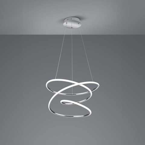 LED Pendelleuchte, Spirale, Switch Dimmer, Metall, Chrom, 50 cm Ø, Kanzleibeleuchtung, Bürobeleuchtung, Officeleuchte, Küchenpendellampe, Esszimmerhängeleuchte, Cafébeleuchtung, Restaurantpendellampe, Innenraumbeleuchtung, Wohnraumbeleuchtung, IP20