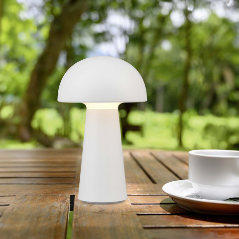 LED Aussen Tischleuchte, Weiss, Kunststoff, Touch Dimmer, Akku, IP44, 21 cm Höhe, Terrassenbeleuchtung, Balkontischleuchte, Verandatischlampe, Gartentischleuchte, Outdoorleuchte, Cafétischleuchte, Restauranttischlampe, Hoteltischleuchte, Bettleuchte, Nachttischleuchte