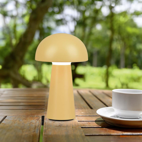 LED Aussen Tischleuchte, Gelb, Akku, USB, Pilzform, Touch Dimmer, 21 cm Höhe, Balkonbeleuchtung, Terrassen Tischleuchte, Veranda Tischlampe, Restaurant Tischleuchte, Hotel Aussentischleuchte, Outdoorleuchte, Campingleuchte, Mobile Leuchte
