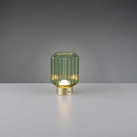 Hotelbeleuchtung LED Tischleuchte, Touch Dimmer, Akku, Messing, Grün, Metall, Glas, Geriffelt, 19 cm Höhe