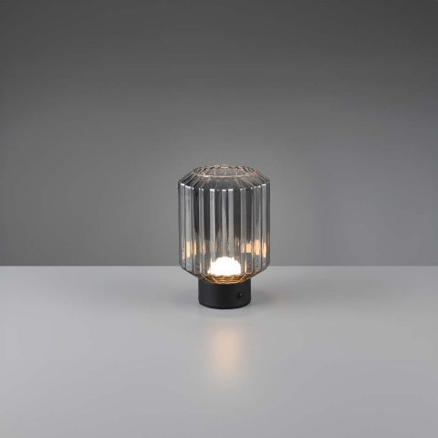 Schlafzimmerbeleuchtung LED Tischleuchte, Touch Dimmer, Akku, Schwarz, Rauchfarbe, Metall, Glas, Geriffelt, 19 cm Höhe