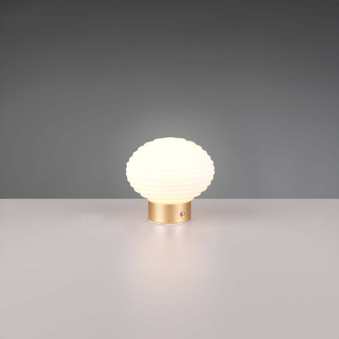 Nachttischbeleuchtung LED Tischleuchte, Touch Dimmer, Akku, Messing, Weiss, Metall, Glas, Rund, 15 cm Ø