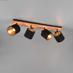 Deckenleuchte, Schwarz, Gold, Holz, Stoff, 4 Strahler, 72 cm x 12 cm, Wohnzimmerbeleuchtung, Flurdeckenlicht, Küchendeckenlampe, Esszimmerdeckenleuchte, Cafédeckenlicht, Hoteldeckenlampe, Wartezimmerleuchte, Praxislampe, Innenraumbeleuchtung, Wohnraumbeleuchtung, IP20