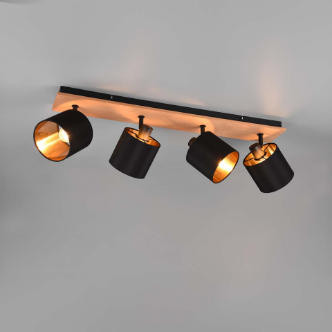 Deckenleuchte, Schwarz, Gold, Holz, Stoff, 4 Strahler, 72 cm x 12 cm, Wohnzimmerbeleuchtung, Flurdeckenlicht, Küchendeckenlampe, Esszimmerdeckenleuchte, Cafédeckenlicht, Hoteldeckenlampe, Wartezimmerleuchte, Praxislampe, Innenraumbeleuchtung, Wohnraumbeleuchtung, IP20