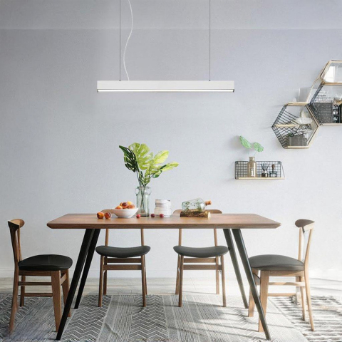 LED Pendelleuchte, Weiß, Länglich, Dimmer, RGBW, Farbwechsler, 112 cm x 4 cm, Konferenzraumbeleuchtung, Tresenbeleuchtung, Thekenleuchte, Esszimmerleuchte, Küchenbeleuchtung, Innenraumbeleuchtung, Wohnraumbeleuchtung, Bürolampe, Officeleuchte, IP20