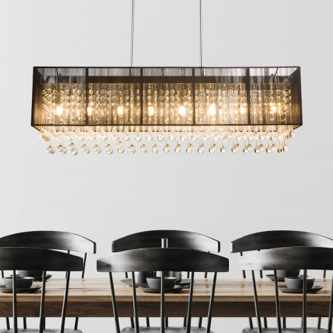 LED Pendelleuchte, Höhenverstellbar, Schwarz, Seide, Glaskristalle, 90 cm x 18 cm, Restaurantbeleuchtung, Esszimmer Hängeleuchte, Küchen Pendelleuchte, Cafébeleuchtung, Hotel Hängeleuchte, Dekolampe, Innenraumbeleuchtung, Wohnraumbeleuchtung, IP20