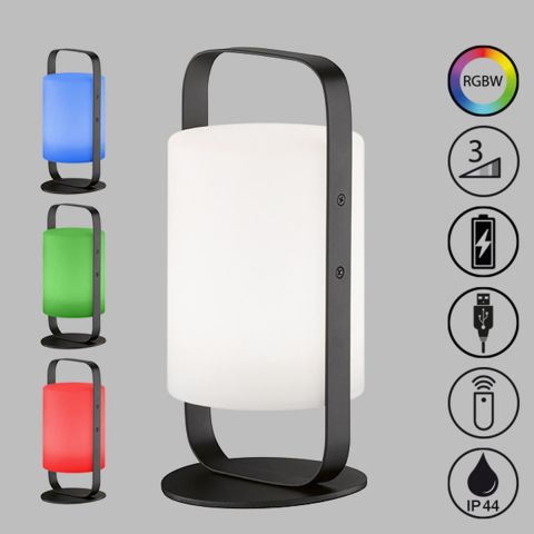 LED Aussen Tischleuchte, Akku, USB, Dimmer, RGBW, IP44, 25 cm Höhe, Campingleuchte, Gartentischleuchte, Outdoorleuchte, Aussen Hoteltischleuchte, Restaurant Aussentischlampe