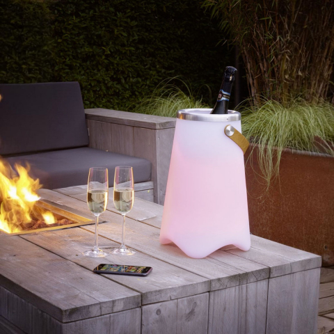 LED Aussen Stehleuchte, Getränkekühler, Lautsprecher, RGBW Farbwechsler, IP44, 38 cm Höhe, Partybeleuchtung, Balkon Tischleuchte, Terrassenbeleuchtung, Verandabeleuchtung, Hotel Aussentischleuchte, Restaurant Aussentischlampe, Outdoorleuchte, Campingleuchte, Mobile Leuchte, Akkubeleuchtung